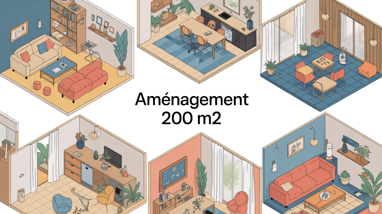 Illustration moderne de 200m2 organisés en maison, bureaux et coliving