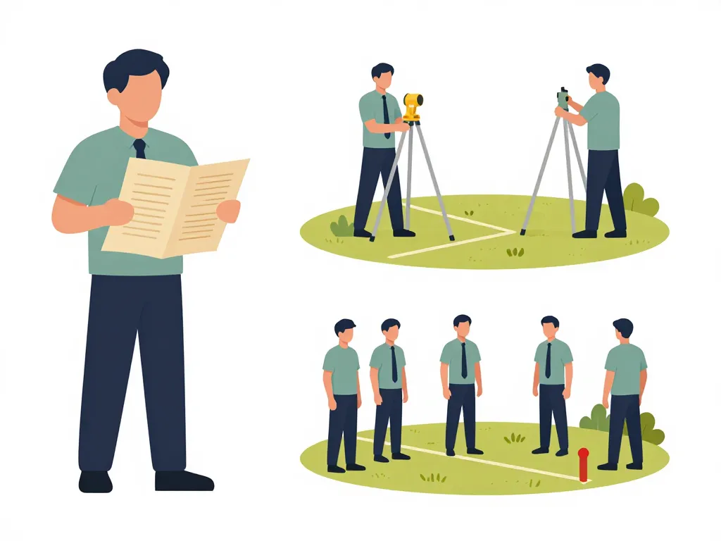 Illustration étapes bornage terrain de plus de 30 ans, organisation dossier et pose bornes