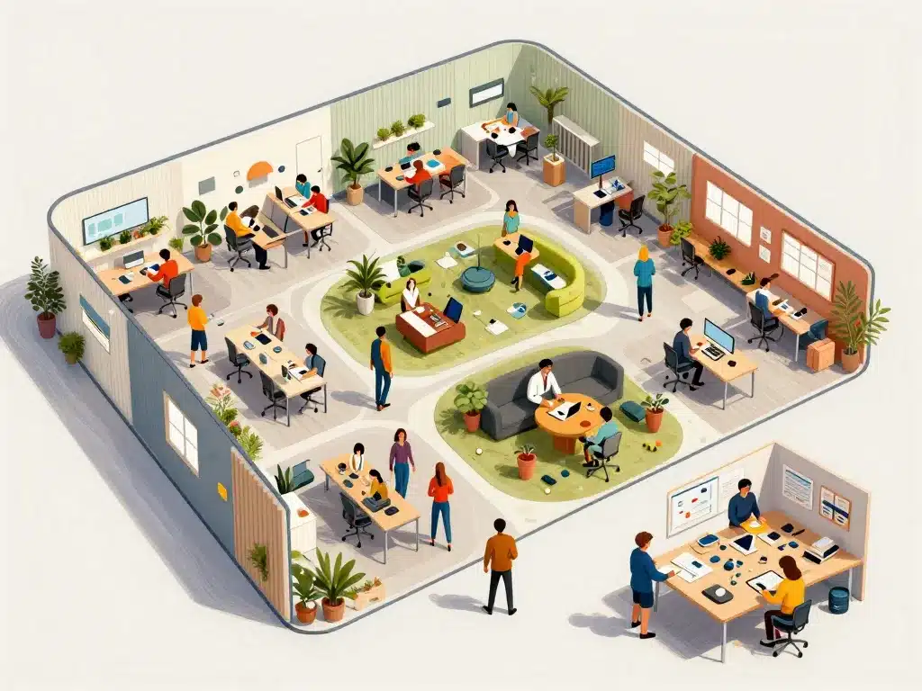 Illustration éditoriale d'un espace flexible de 200m2 pour travail et coliving