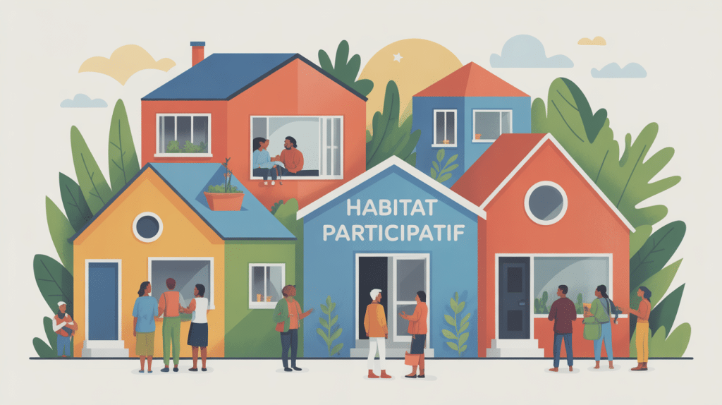 illustration de personnes devant des maisons modernes, habitatparticipatif net