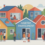 illustration de personnes devant des maisons modernes, habitatparticipatif net