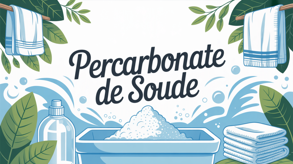 Lessive percarbonate de soude versée dans une machine à laver entourée de linge blanc et plantes