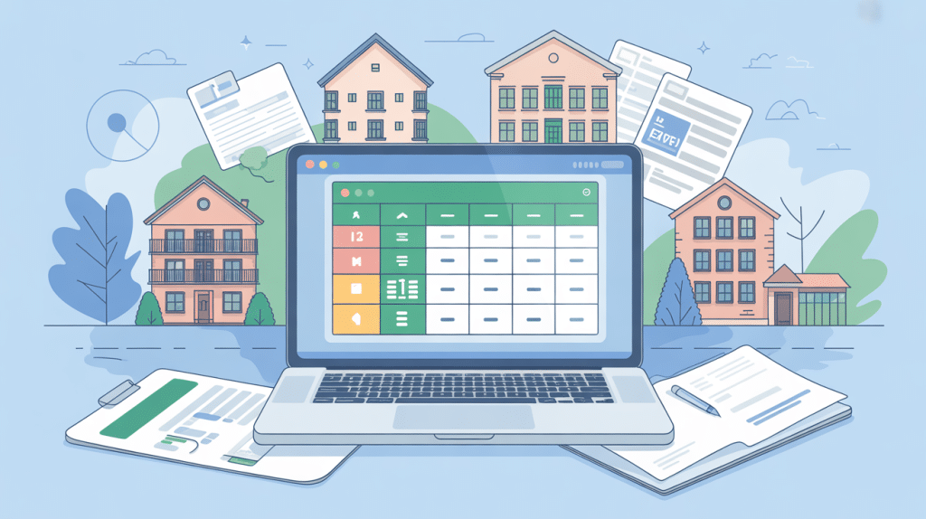 logiciel gestion locative gratuit excel sur ordinateur avec icônes immobilières