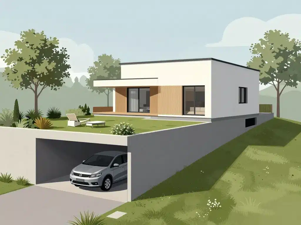 vue croisée maison avec garage en sous sol jardin plat