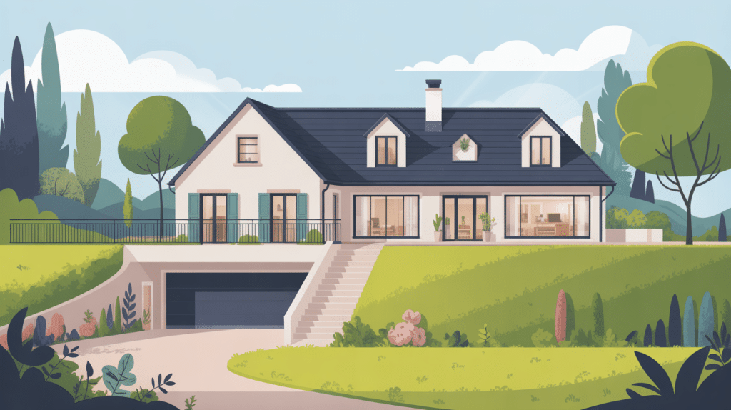 illustration maison avec garage en sous sol terrain en pente