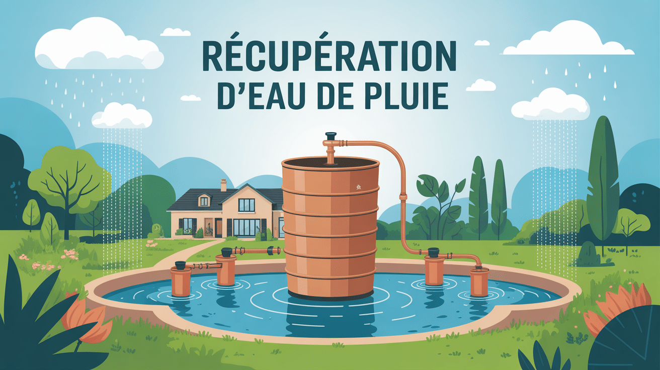 taxe récupération eau de pluie illustration maison avec cuve et jardin