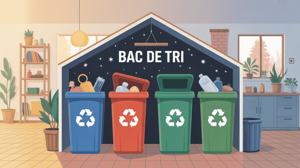 Bac de tri moderne avec différents bacs illustrés, ambiance conviviale