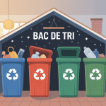Bac de tri moderne avec différents bacs illustrés, ambiance conviviale