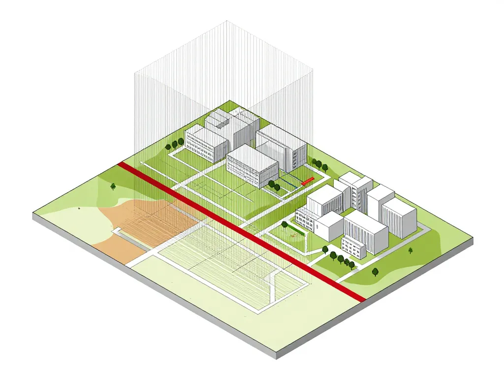 Diagramme conceptuel isométrique d’un plan de masse coté dans les 3 dimensions