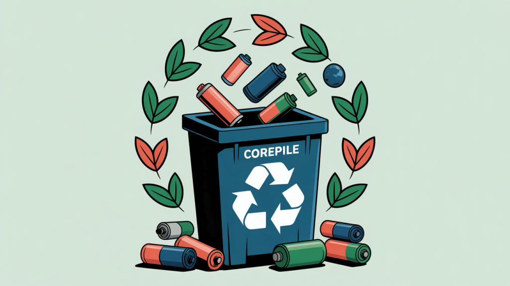 Illustration recyclage Corepile en France, boîte collecte, piles et économie circulaire