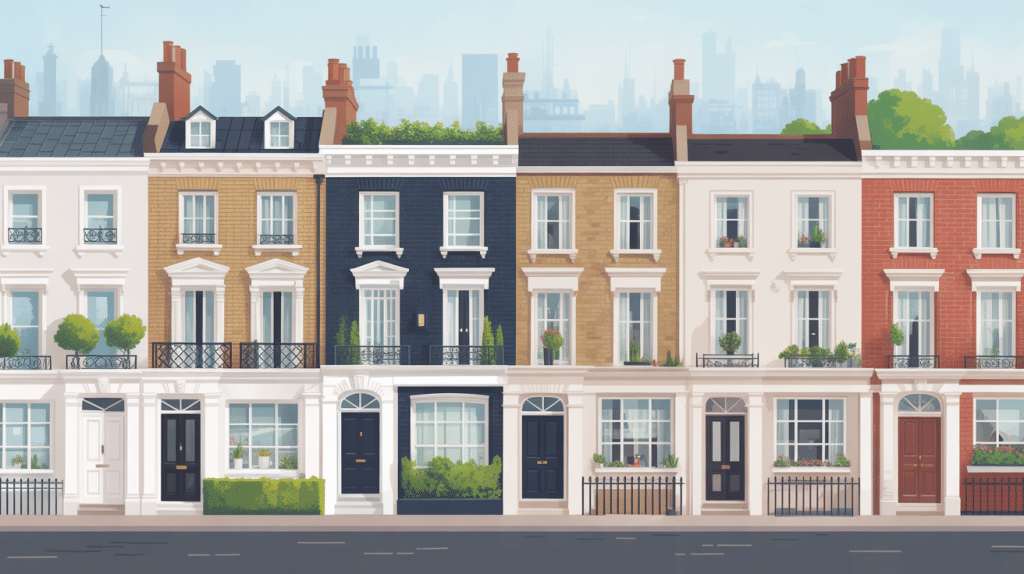 Marché maison londonienne rangée façades victoriennes