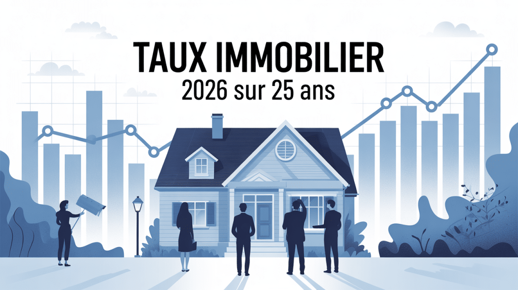 Illustration taux immobilier 2025 sur 25 ans, maison et graphiques, ambiance moderne