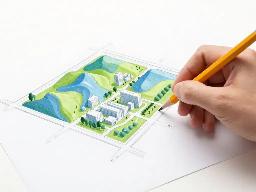 Transformation 2D en 3D d’un plan de masse coté dans les 3 dimensions, illustration éditoriale