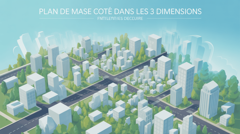Illustration globale d’un plan de masse coté dans les 3 dimensions, moderne et lisible