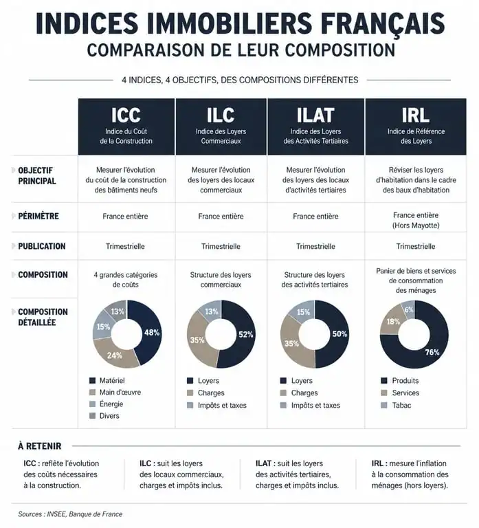 Comparaison des indices immobiliers ICC, ILC, ILAT et IRL