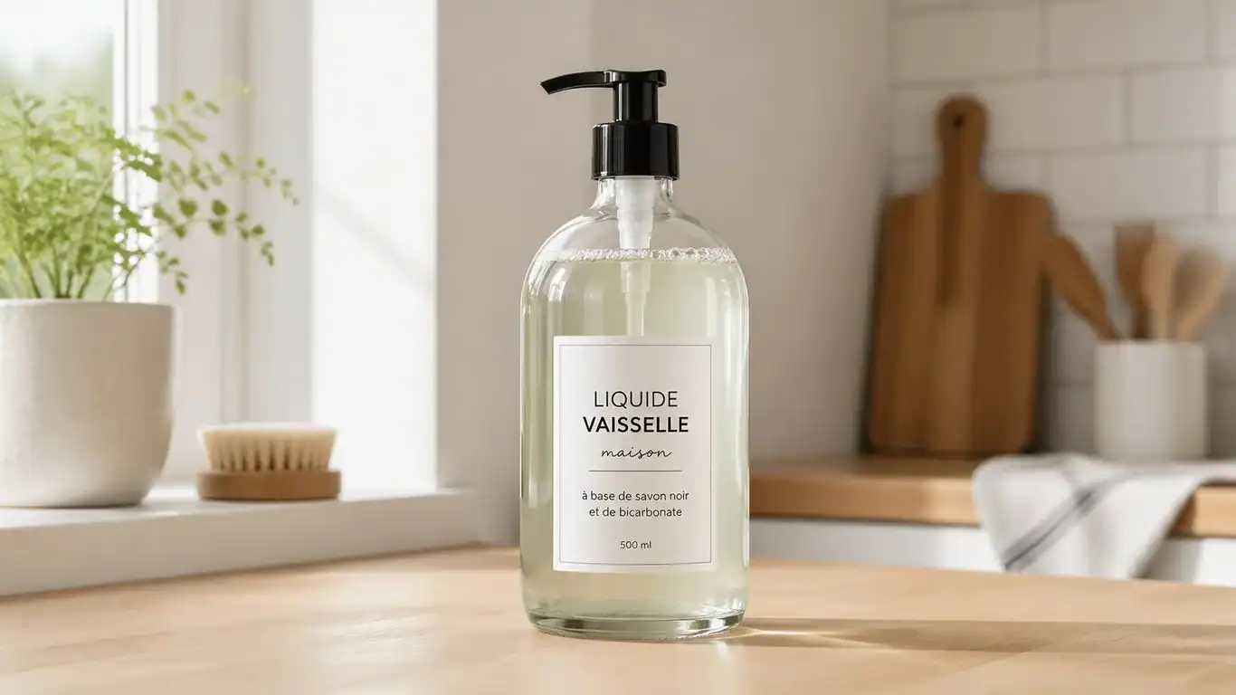 Liquide vaisselle maison dans une bouteille en verre sur un plan de travail