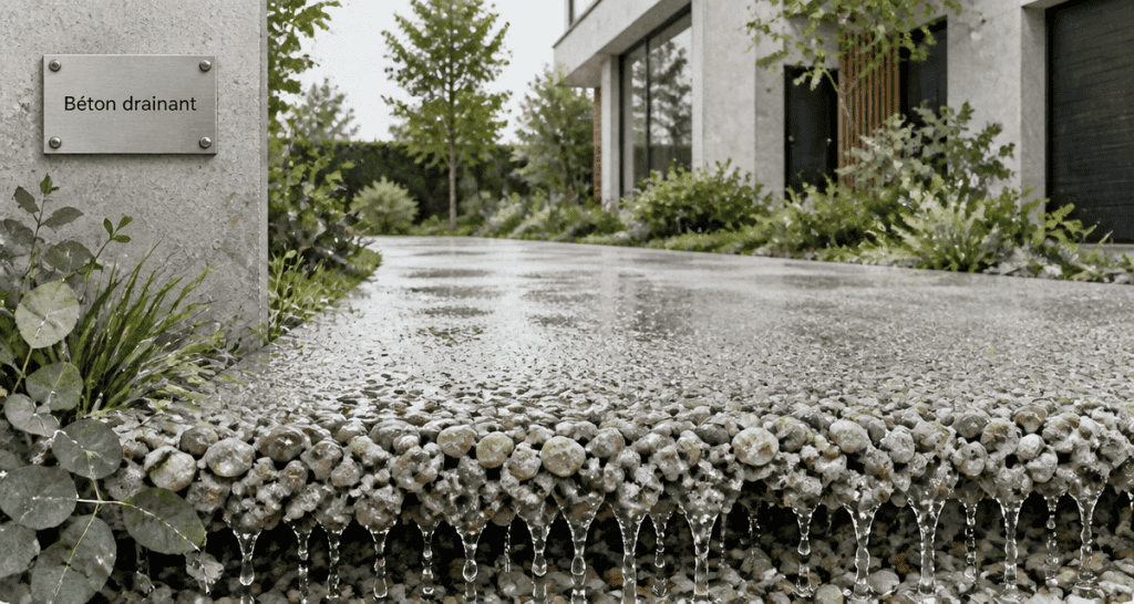 allée béton drainant gouttes infiltration jardin