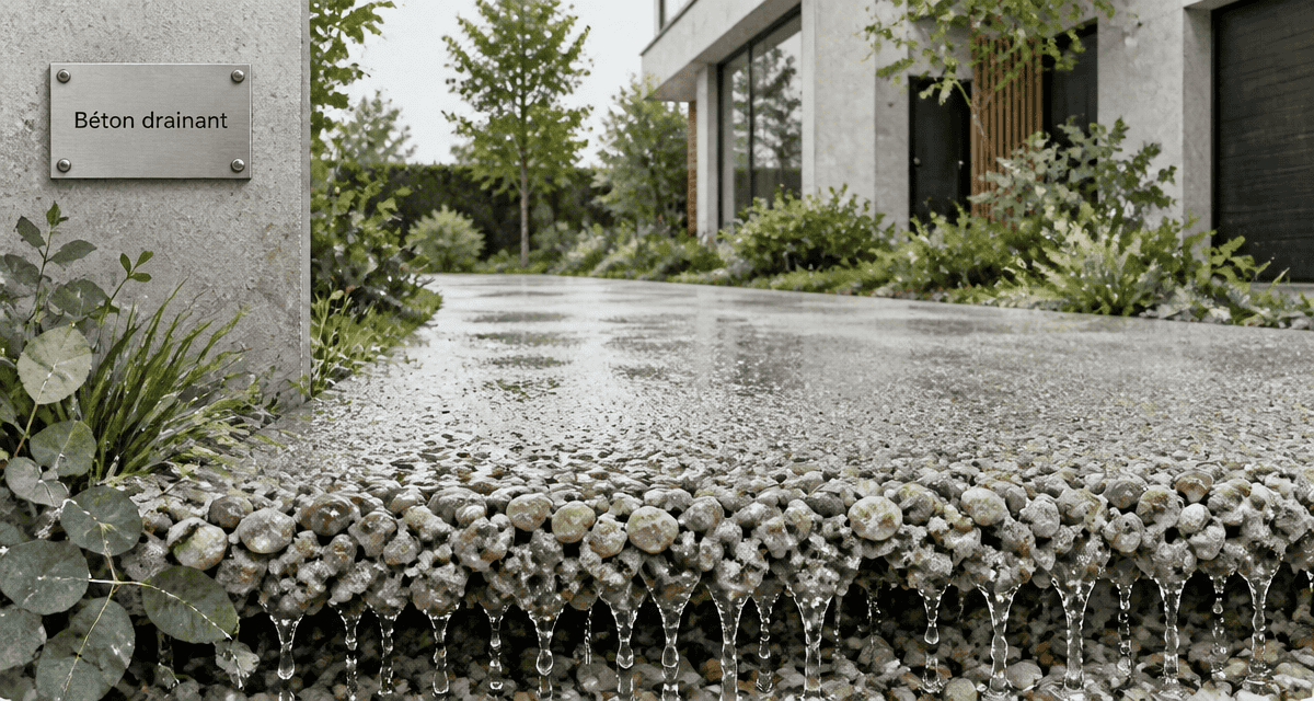 allée béton drainant gouttes infiltration jardin