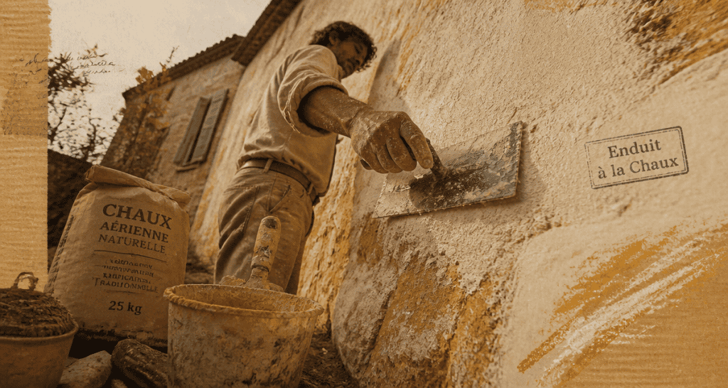 Artisan applique chaux enduit sur mur