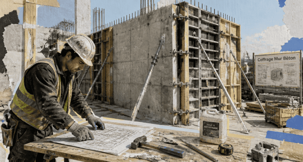 coffrage mur béton sur chantier avec ouvrier