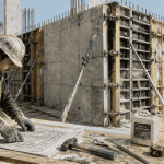 coffrage mur béton sur chantier avec ouvrier