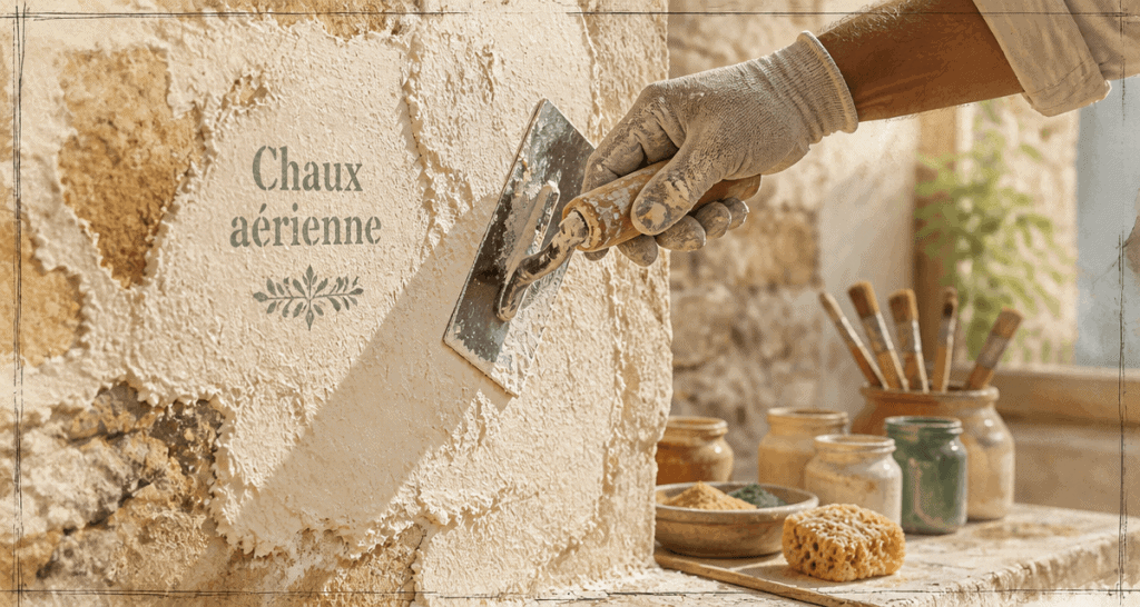 Application d'enduit à la chaux aérienne sur mur