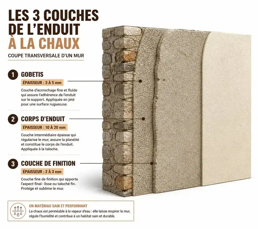 Schéma des trois couches d'un enduit à la chaux pour façade : gobetis, corps d'enduit et finition