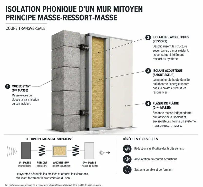 Schéma technique du principe masse-ressort-masse pour isoler phoniquement un mur mitoyen