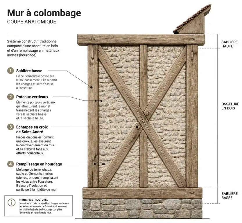 Schéma technique de la structure d'un mur à colombage avec ses composants principaux