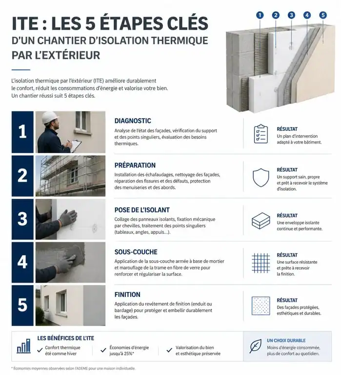 Étapes clés d'un projet de ravalement avec isolation thermique par l'extérieur (ITE)