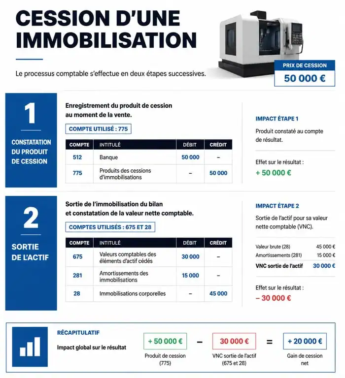 Schéma comptable de la cession d'une immobilisation : étapes de constatation du produit et de sortie de l'actif
