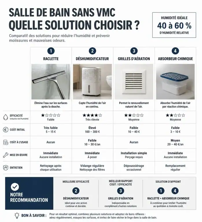 Infographie comparative des solutions pour ventiler une salle de bain sans VMC