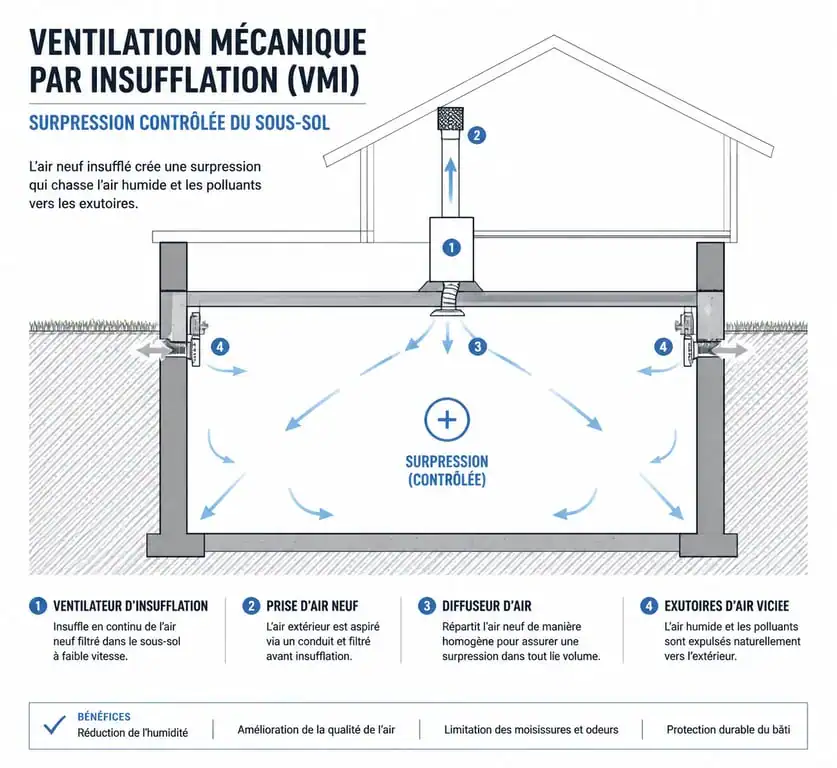 Schéma de fonctionnement d'une ventilation mécanique par insufflation VMI dans un sous-sol pour lutter contre l'humidité et le radon