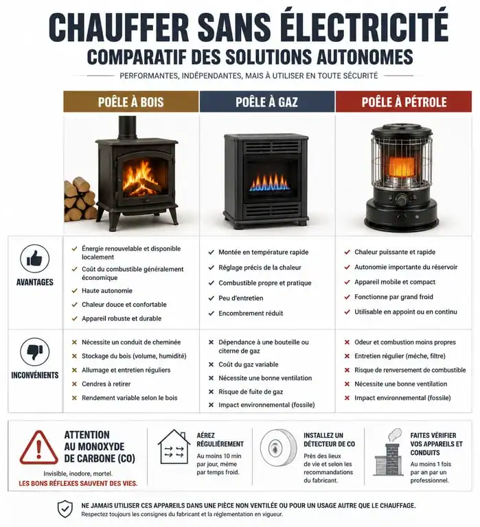 Infographie comparative des méthodes de chauffage sans électricité et conseils de sécurité