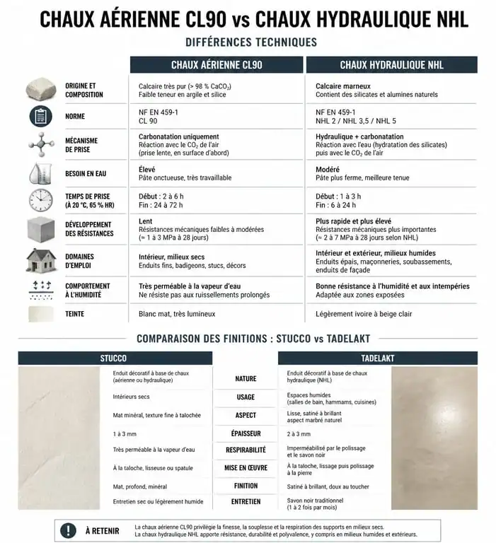 Infographie comparative des types d'enduit à la chaux aérienne et hydraulique