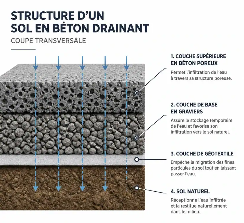 Schéma technique de la structure d'une installation de béton drainant