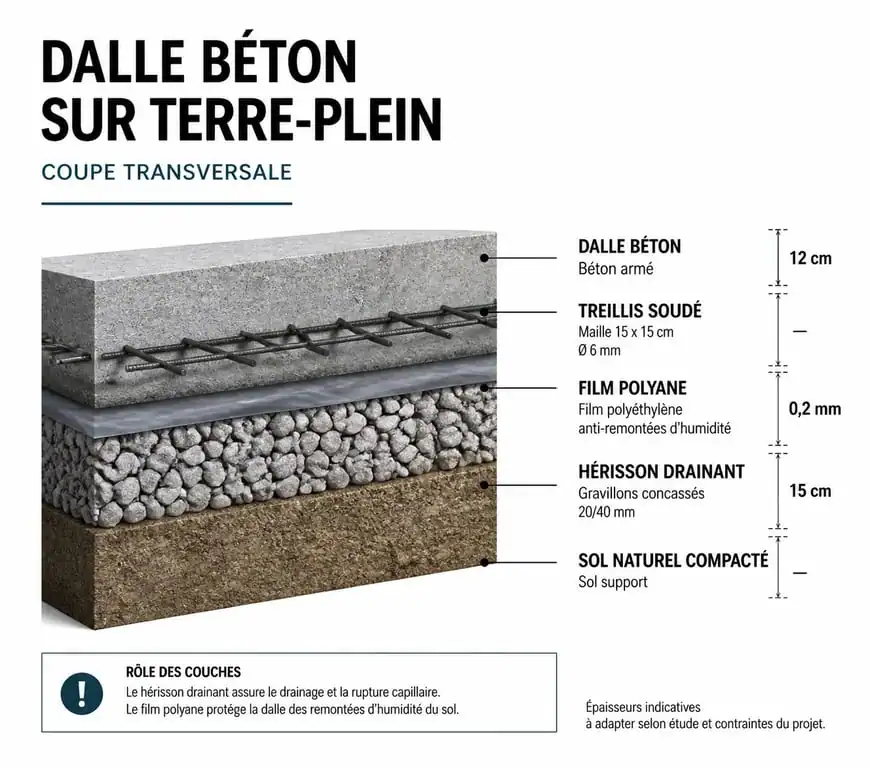 Coupe transversale d'une dalle béton sur terre-plein conforme aux règles de l'art