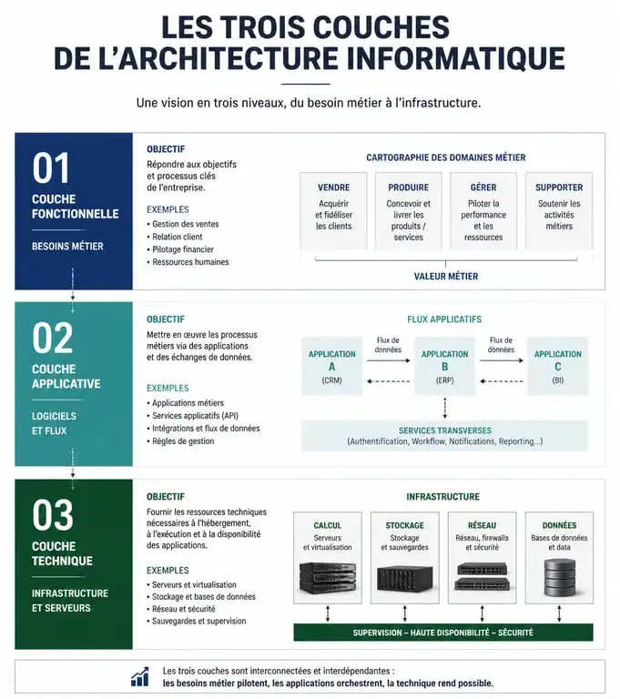 Schéma des trois couches de l'architecture fonctionnelle, applicative et technique