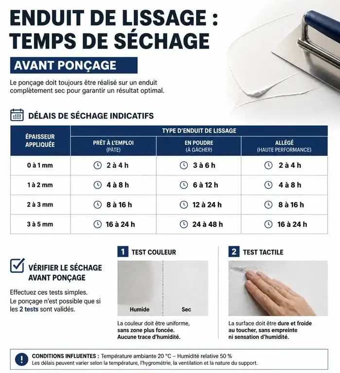 Infographie sur le temps de séchage de l'enduit de lissage avant ponçage, montrant les facteurs et tests de vérification.