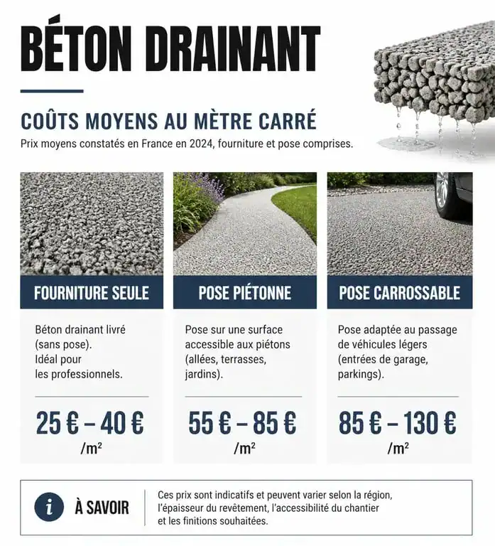 Graphique des prix moyens au m2 pour du béton drainant selon le type de pose et les matériaux.