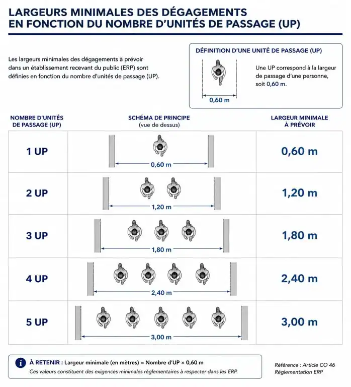 Tableau des largeurs minimales des unités de passage (UP) pour la sécurité incendie en ERP