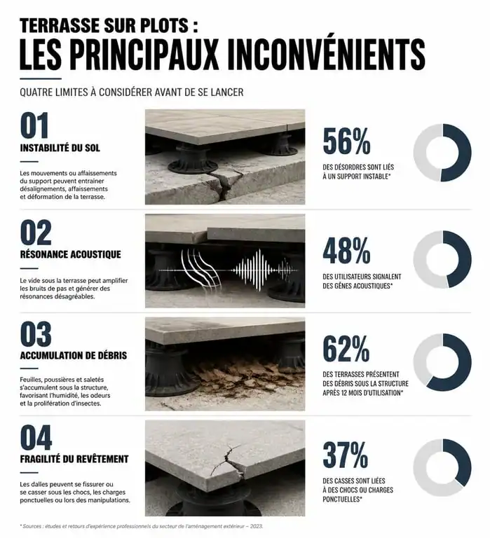 Infographie des inconvénients d'une terrasse sur plots : instabilité, bruit et entretien