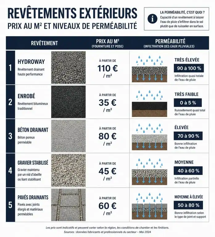 Comparatif des prix au m² et perméabilité des revêtements extérieurs incluant Hydroway