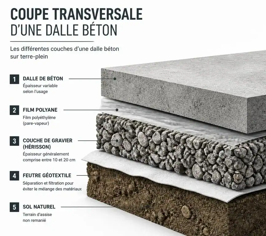 Schéma en coupe des couches sous une dalle béton avec gravier pour hérisson
