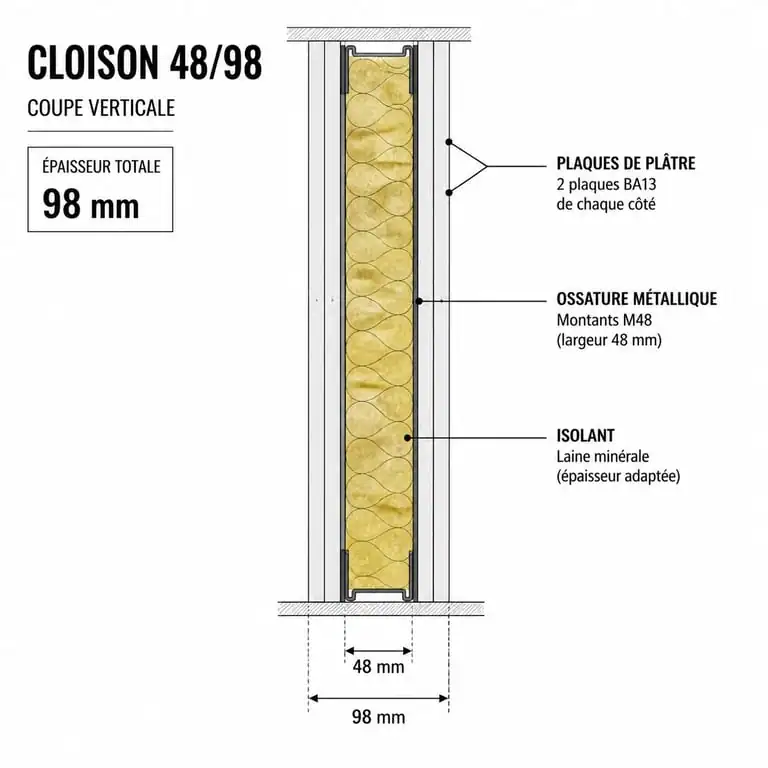 Schéma de coupe technique d'une cloison 48/98 avec double peau