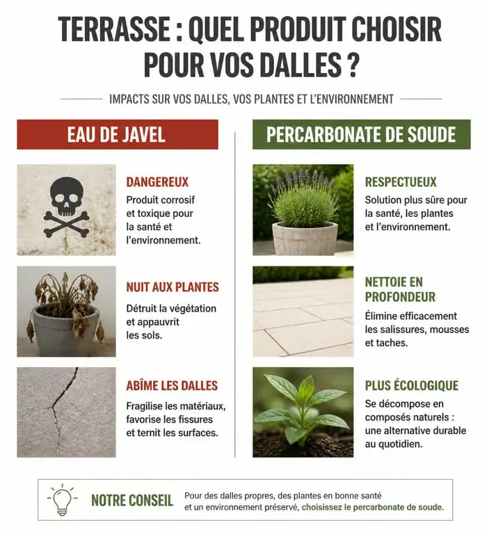 Infographie comparative entre l'utilisation de l'eau de javel et du percarbonate de soude pour le nettoyage des dalles de terrasse
