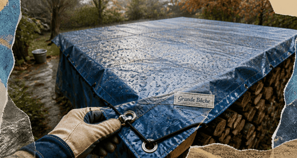 grande bache bleue couvrant un tas de bois