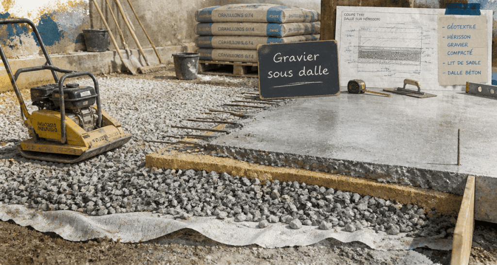 gravier sous dalle coupe chantier béton et hérisson