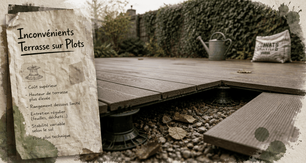 Inconvénient terrasse sur plot avec dalle déplacée et plots visibles