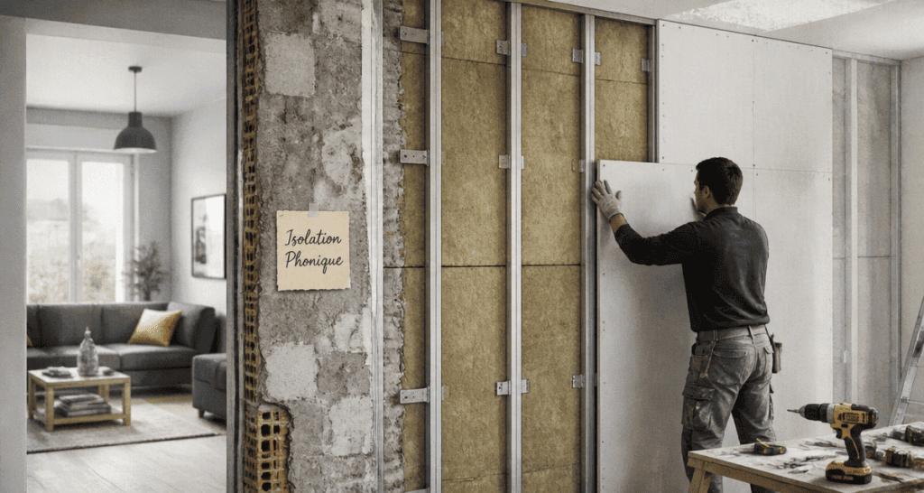 Isoler phoniquement un mur mitoyen avec laine de roche et plaque de plâtre